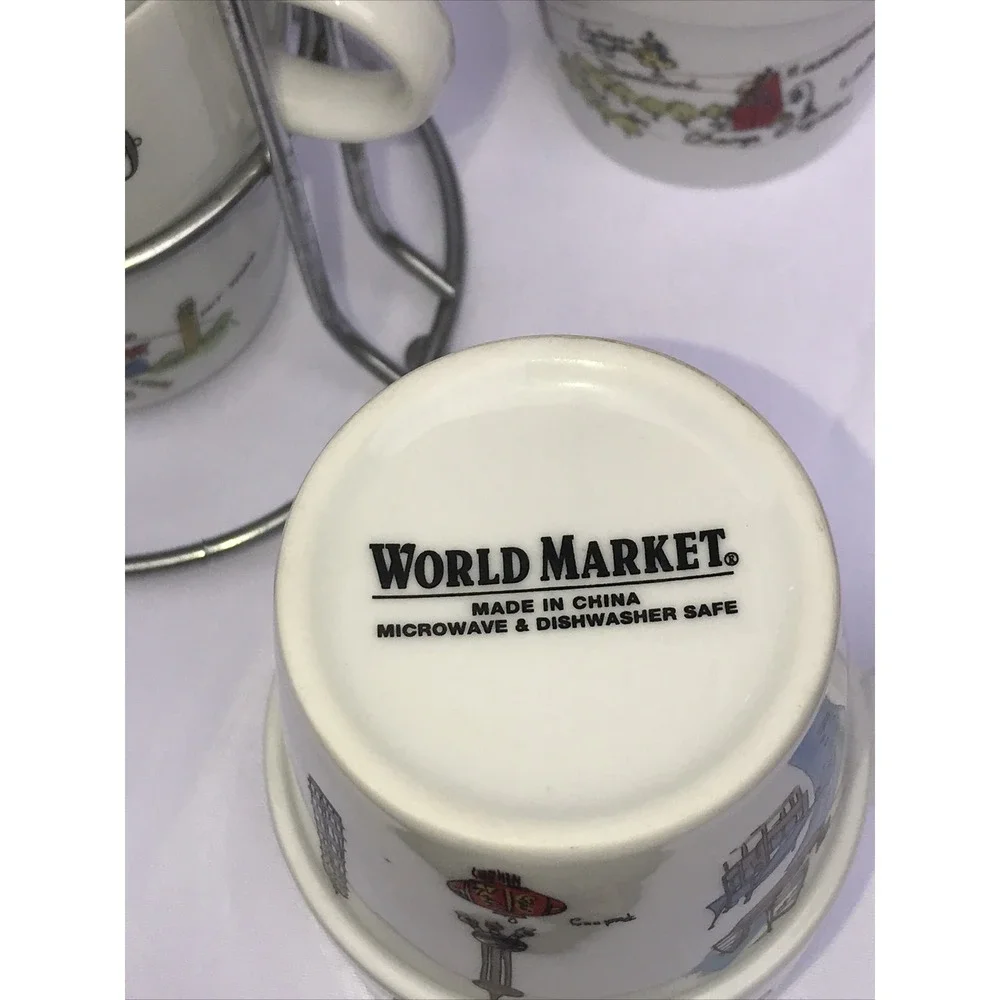 WORLD MARKET 6 COFFEE CUPS with Metal holder NYC/SAN Fran, Paris Rome,‎ Shaghia